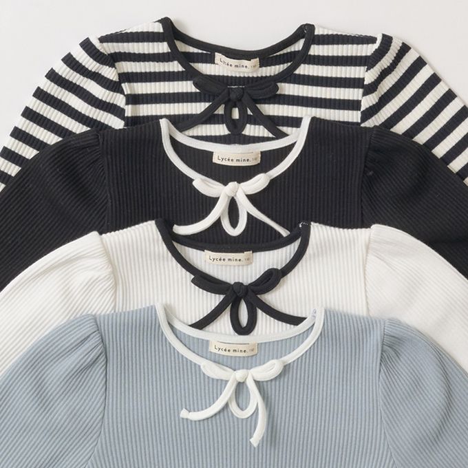 日本 Lycee mine - 領口滾邊綁帶澎澎長袖上衣-黑