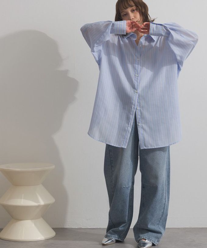 日本 ELENCARE DUE - 2way穿法輕盈透膚寬版薄襯衫-格紋-淺灰綠