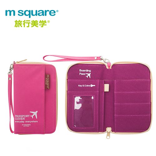 M Square - 短版拉鍊錢票護照夾-素面桃粉