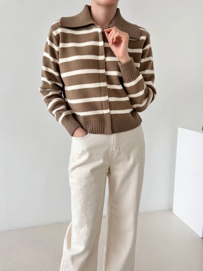 韓國女裝連線 - 溫柔條紋翻領拉鍊針織外套-摩卡咖 (FREE)