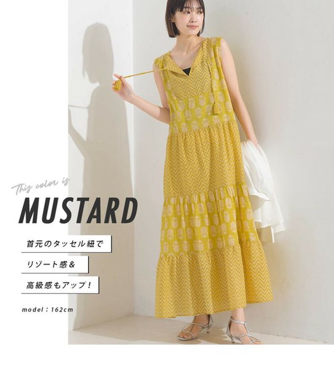 日本 OMNES - 100%印度棉 奢華印花流蘇無袖洋裝-深藍