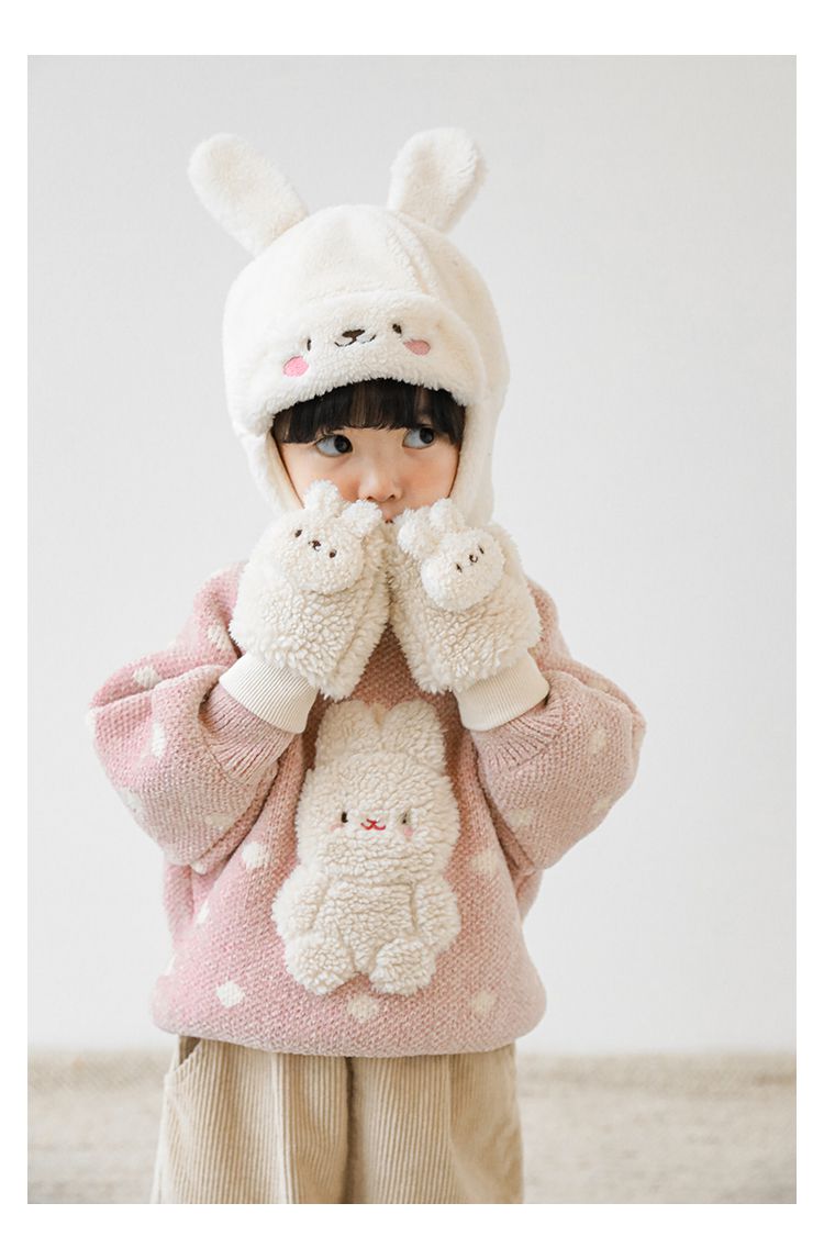 TONGMO - 雪尼爾針織圓領長袖毛衣-滿滿兔子-粉色