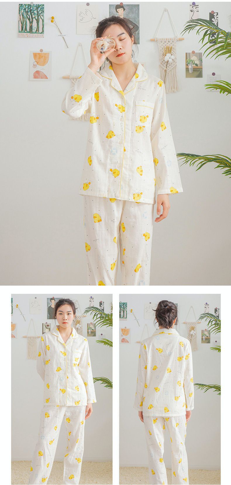 雙層棉紗布長袖家居睡衣套裝-成人款-粉橘底鴨子