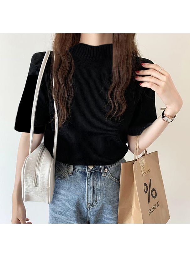 日本 GRL - 百搭立領針織短袖上衣-天藍 (F)