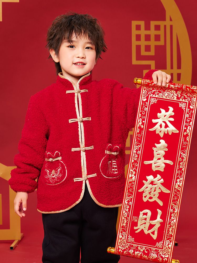 漢服風喜氣拜年立領盤釦外套-福氣口袋-紅色