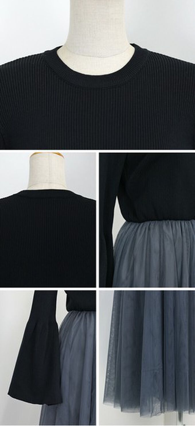 日本 BLUE EAST - 優雅薄紗拼接羅紋針織喇叭袖洋裝-黑