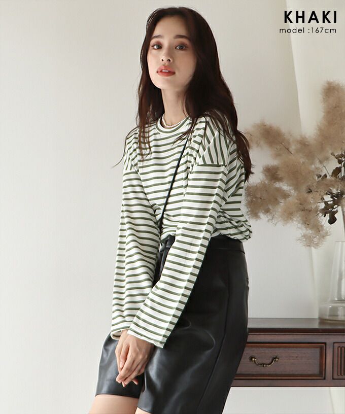 日本 BLUE EAST - 百搭落肩休閒長袖上衣-條紋-軍綠