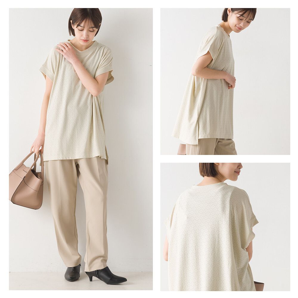 日本 OMNES - 低調蕾絲落肩長版短袖上衣-淺粉紫