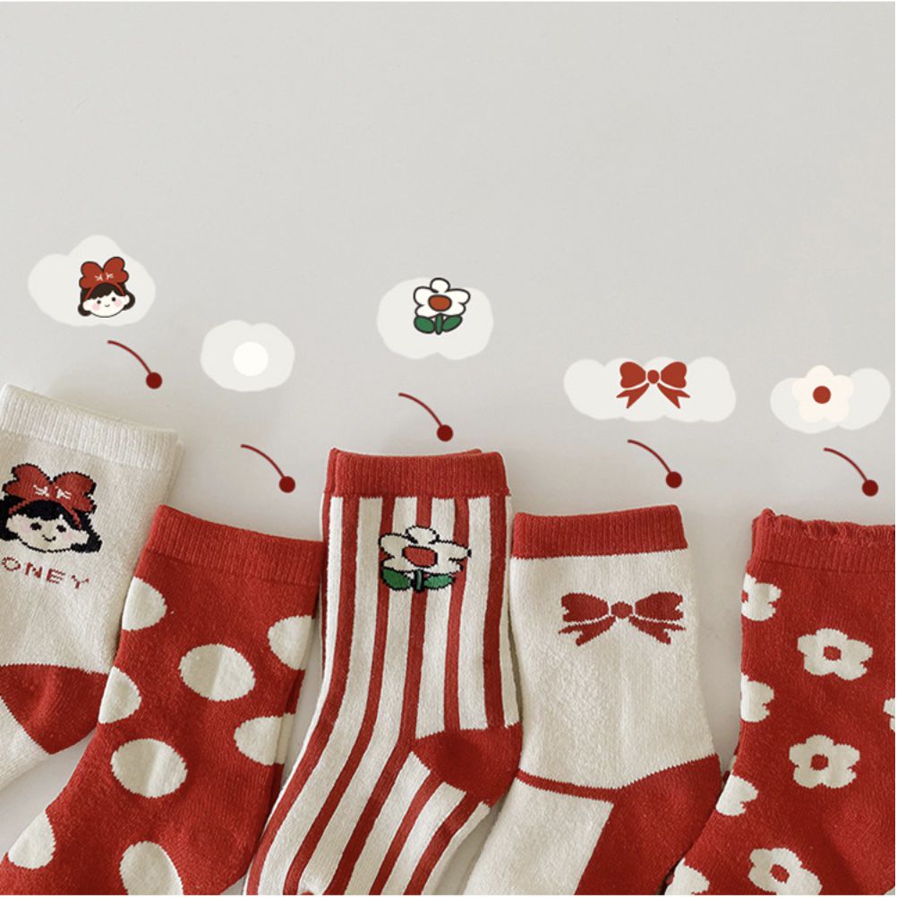 love, charlotte - 冬季紅色系可愛女孩毛圈內裡厚棉襪 ( 5雙一組）
