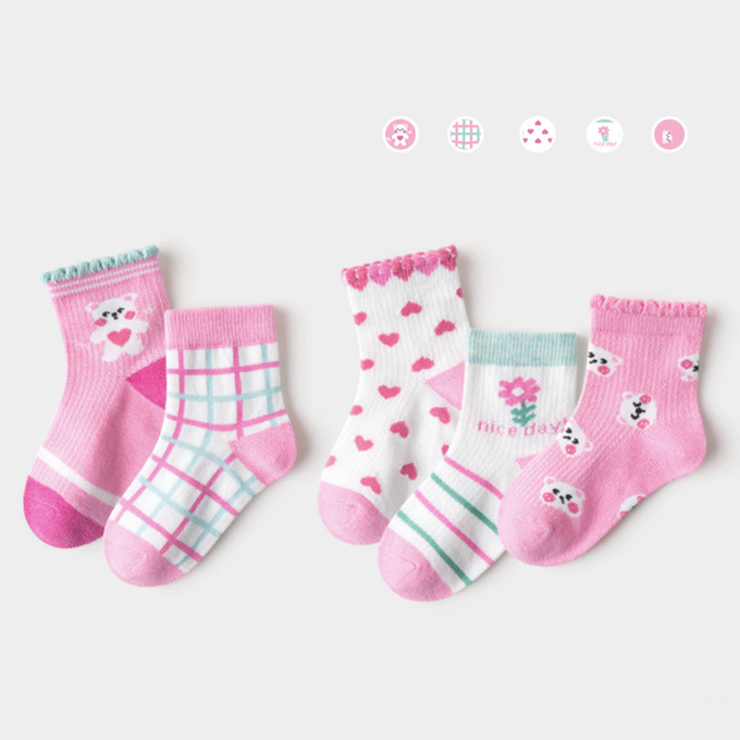 love, charlotte - 粉色小熊格子愛心網眼短筒棉襪-5 雙一組