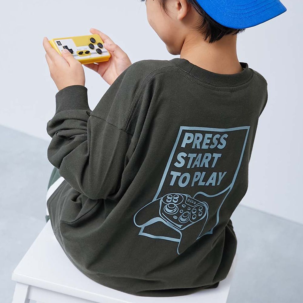 100%棉 定番印花寬版長袖上衣-遊戲機-炭黑