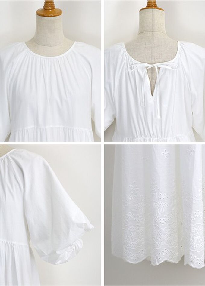 日本 BLUE EAST - 100%棉 下擺精緻蕾絲泡泡短袖洋裝-淺卡其