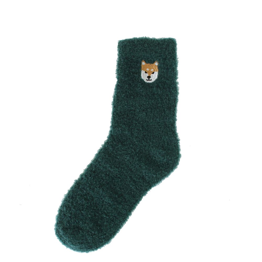 日本 TOMO - 可愛動物刺繡毛絨保暖襪-柴犬-深綠 (22-25cm)