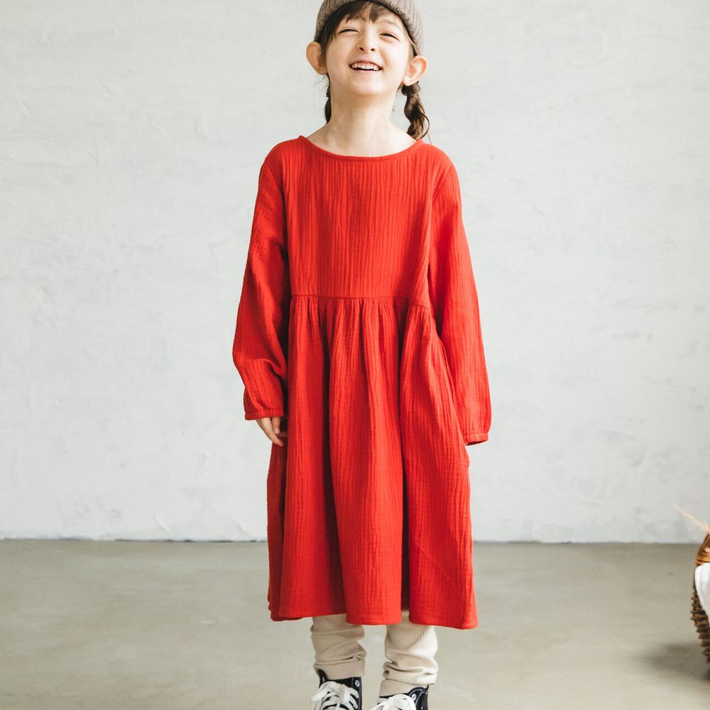 日本 PAIRMANON - 純棉柔軟皺摺風薄長袖洋裝-正紅