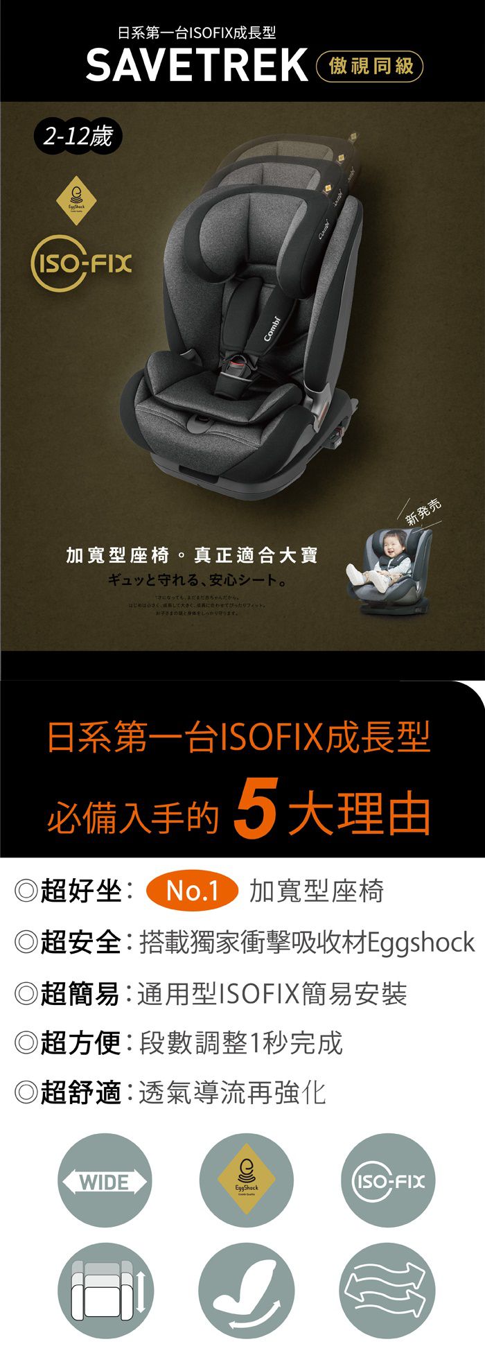 日本 Combi - Savetrek (ISOFIX)-日系第一台ISOFIX長歲段成長型座椅-深鈦灰-2歲~12歲(36kg以下)