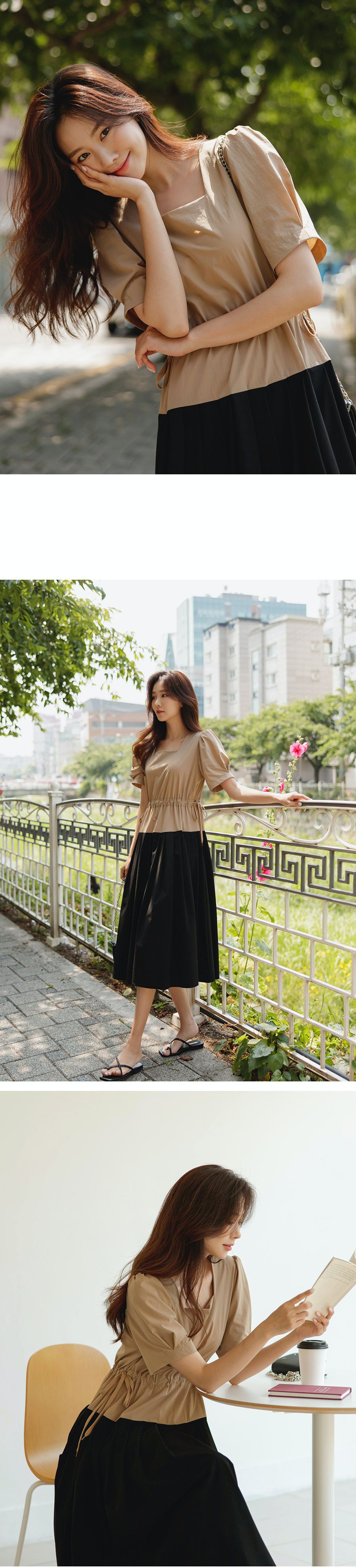 韓國 Urbantheroom - ㄩ字領假兩件拼色縮腰長洋裝-上黑下杏 (Free)