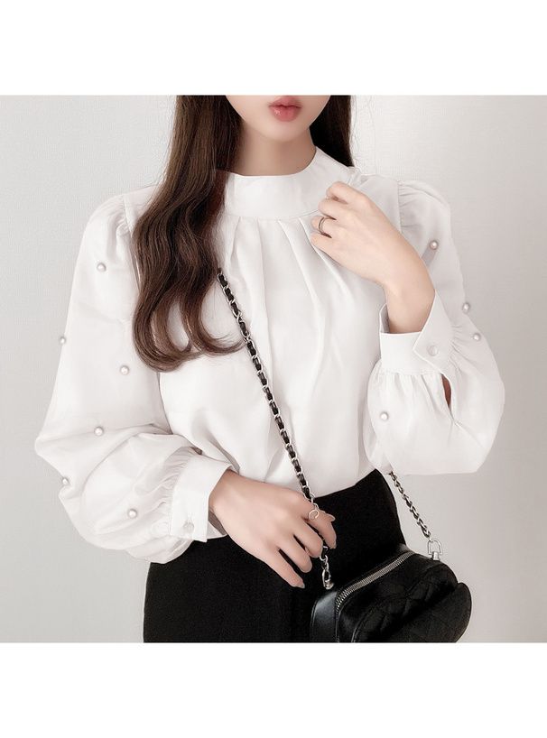 日本 GRL - 浪漫珍珠點綴長袖上衣-黑 (F)