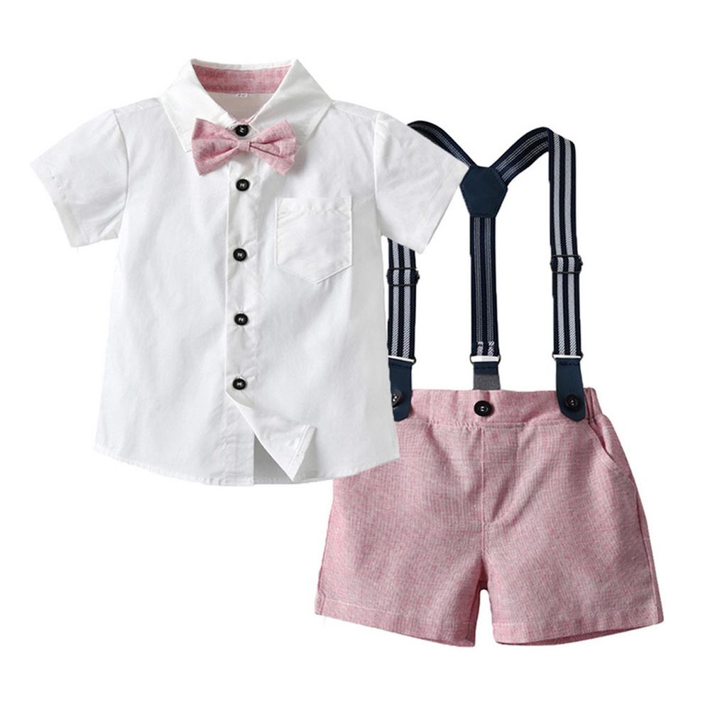 TemDoger - 小紳士短袖襯衫套裝-條紋背帶+蝴蝶結-粉色