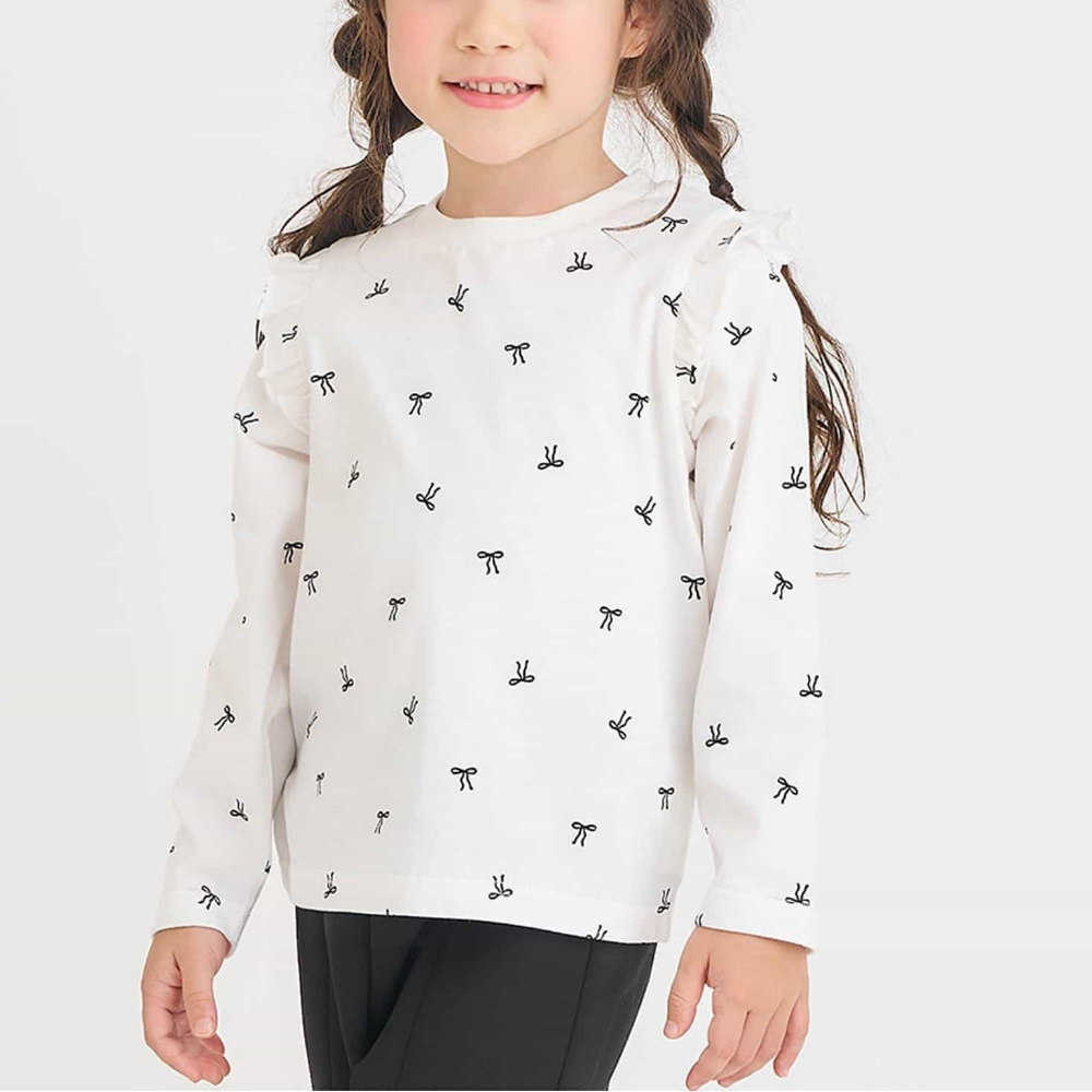 天天穿荷葉肩印花長袖上衣-滿版蝴蝶結-象牙白