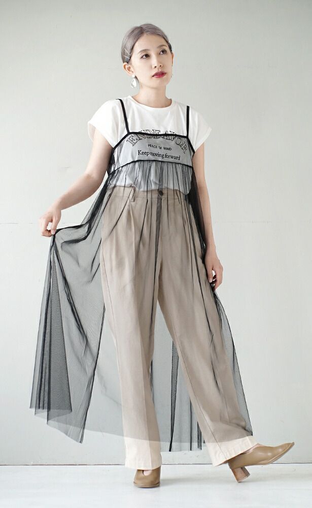 日本 zootie - 2WAY透膚薄紗外罩吊帶洋裝-米杏