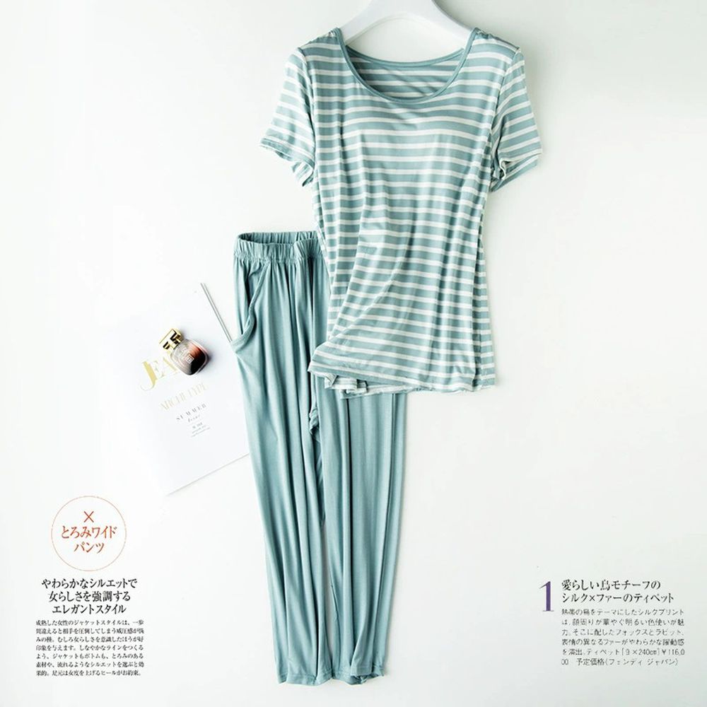 莫代爾絲柔Bra家居服套裝-短袖X七分褲-綠白條紋
