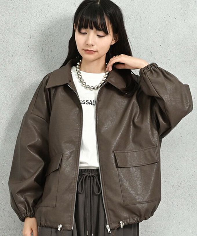 日本 ELENCARE DUE - 2way毛領質感仿皮俐落夾克外套-深咖啡