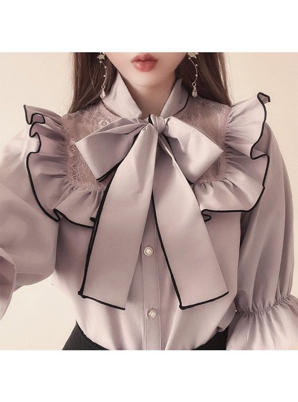 日本 GRL - 蝴蝶結荷葉蕾絲領短袖襯衫-煙燻粉