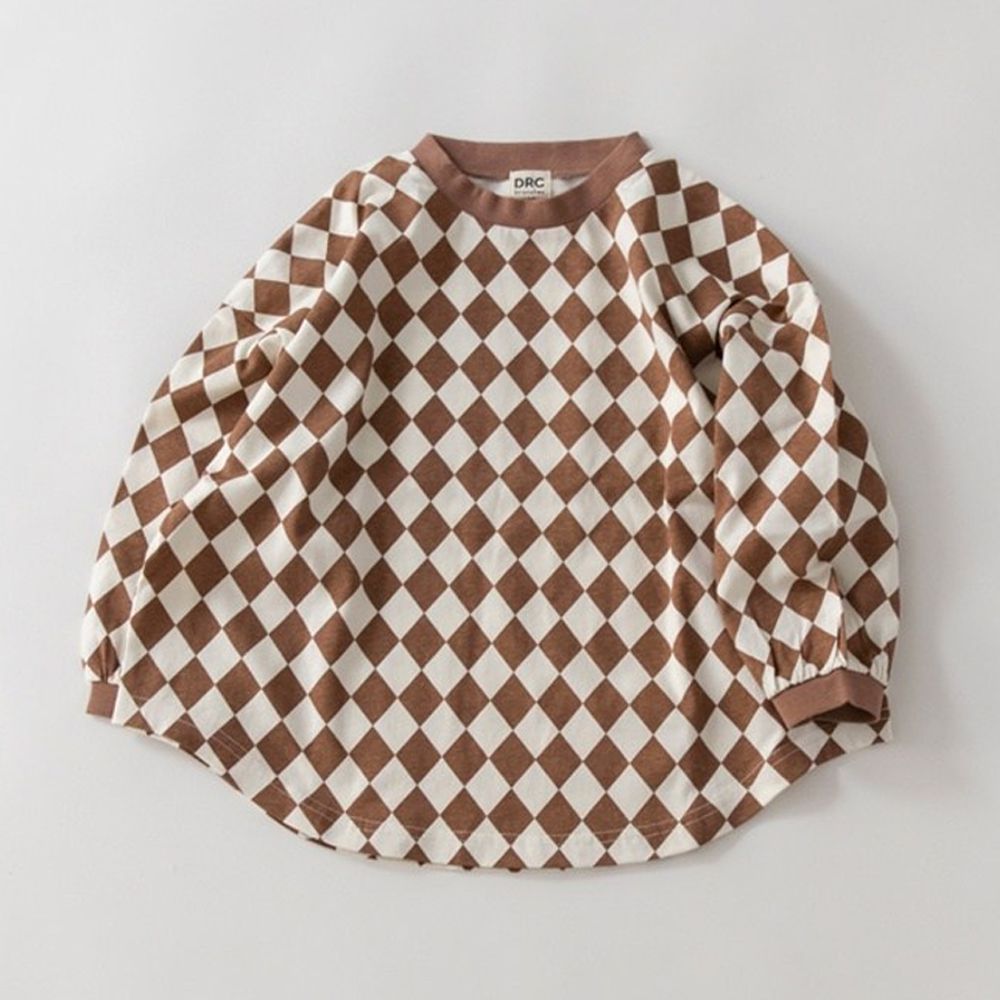 圓弧下擺舒適縮口長袖上衣-棋盤格-咖啡