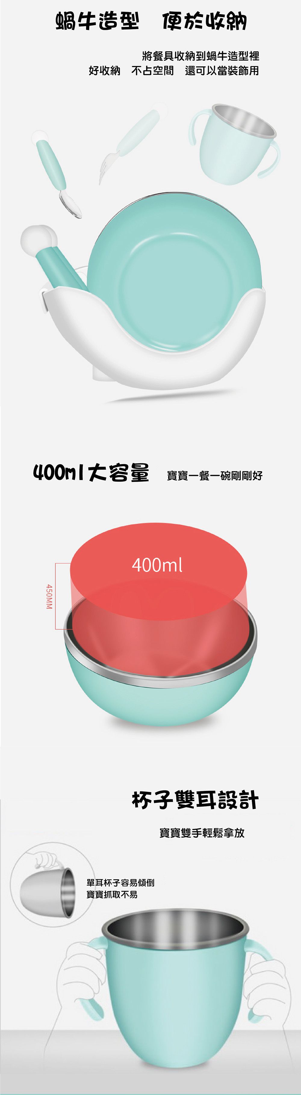 芽比兔 Yep2 - 五合一餐具-蝸牛-粉綠 (21.2x11x17.5cm)