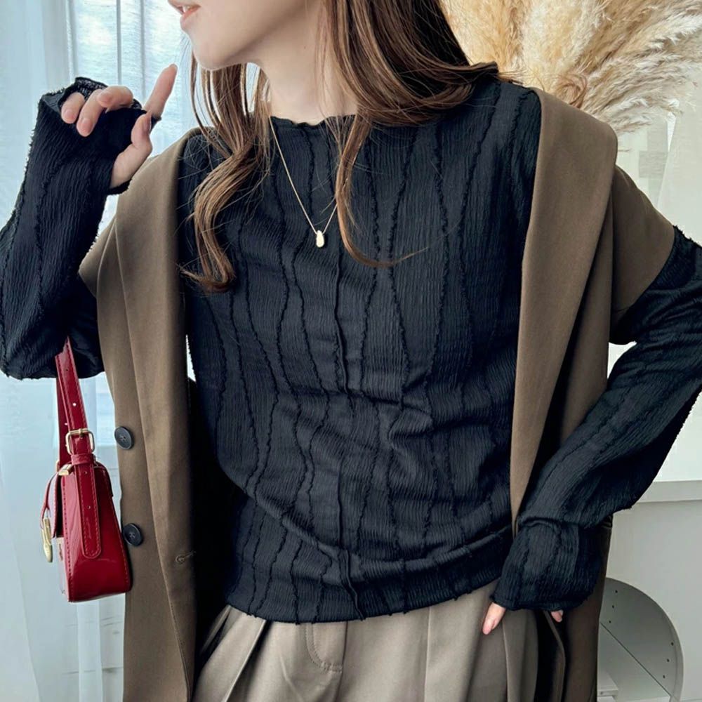 奢華羽毛感緹花長袖上衣-黑