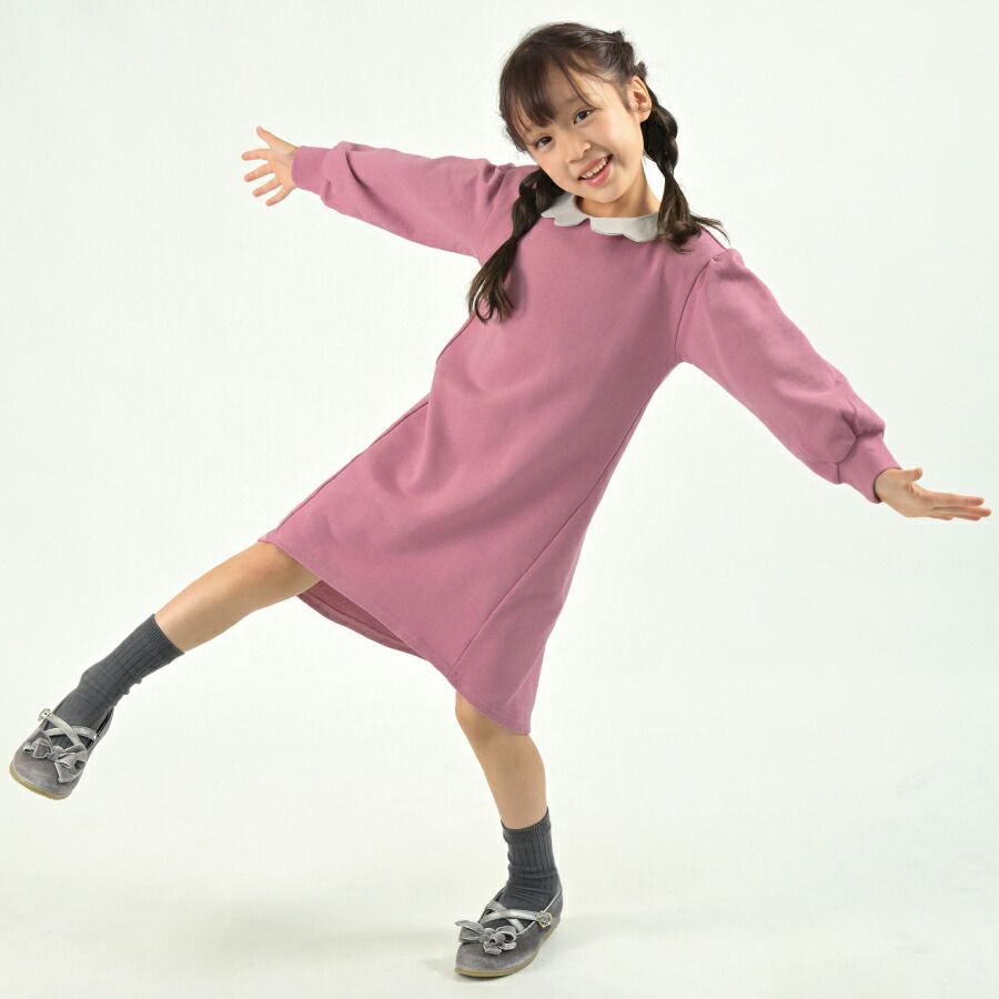 日本 evercloset - 浪漫花朵領刷毛長袖洋裝-薰衣草