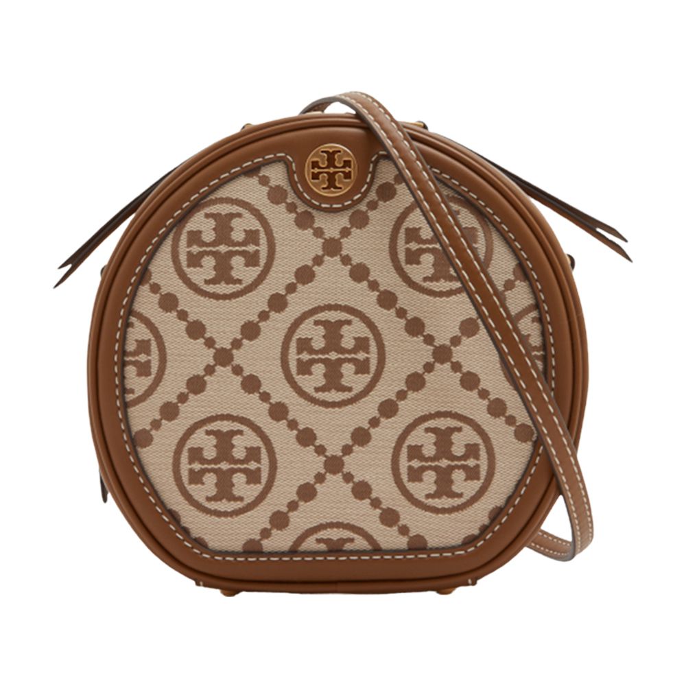 TORY BURCH - 滿版logo拼接皮革斜背包 (卡其駝)