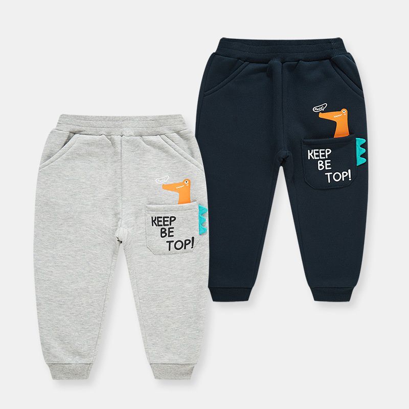 加絨束口休閒長褲-口袋恐龍-深藍色