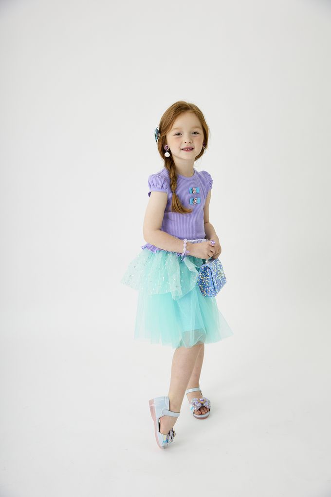 韓國 OZKIZ - (附配飾)海洋公主網紗裝飾短袖套裝-紫X湖綠