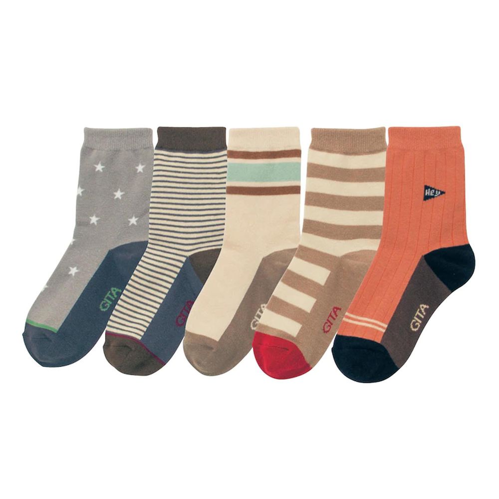 日本千趣會 - GITA 超值中筒襪五件組-簡約星星條紋