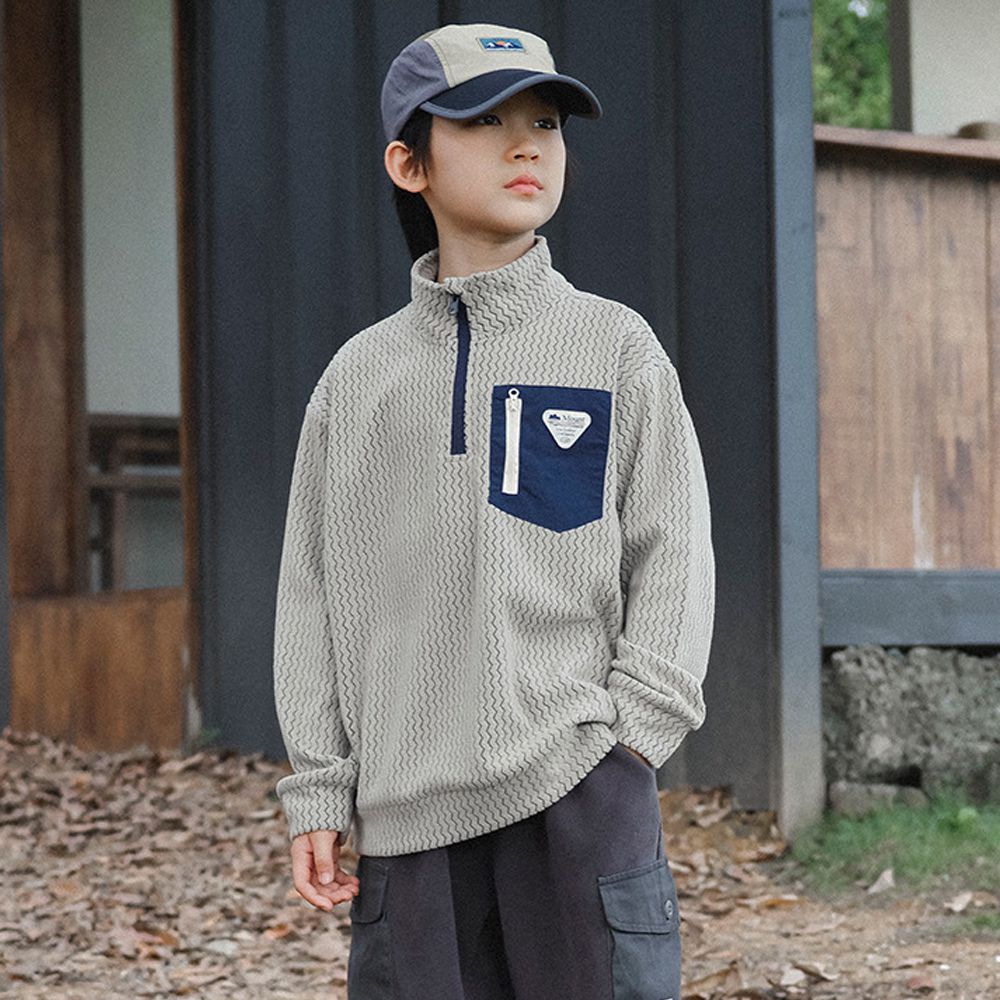 水波紋搖粒絨半開襟長袖上衣-卡其灰