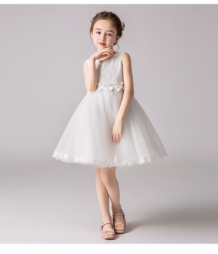 蕾絲網紗無袖澎澎紗裙-腰間小花-粉色