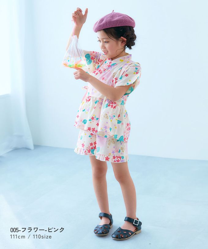 日本 devirock - [推薦]夢幻女孩荷葉邊甚平套裝-繡球花-藍