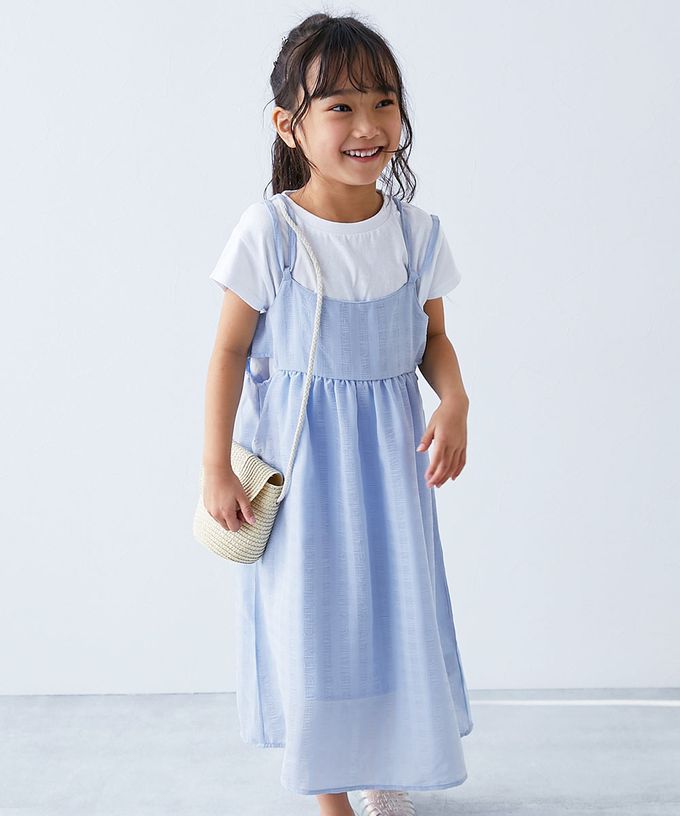 日本 devirock - 甜美緹花吊帶洋裝+圓領純棉T恤(2件組)-冰藍