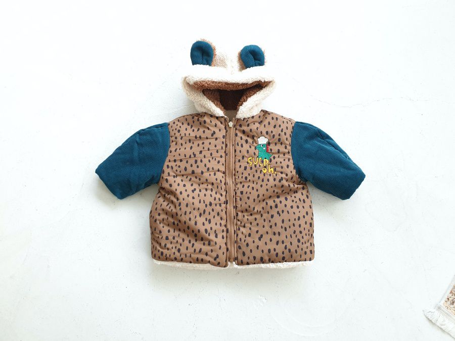 韓國 Mimico - (雙面可穿)熊耳朵豹紋外套-咖啡X藍綠