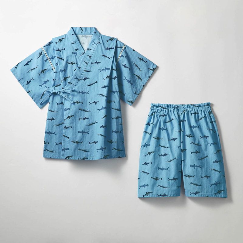 日本千趣會 - GITA 可當短褲2 WAY穿法的夏日甚平-鯊魚-水藍