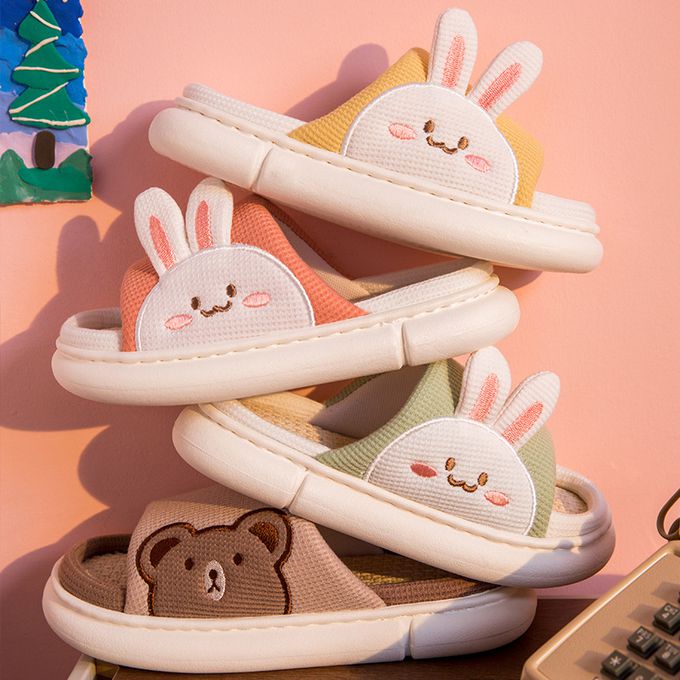 厚底海綿感亞麻室內拖鞋-熊熊-藍色