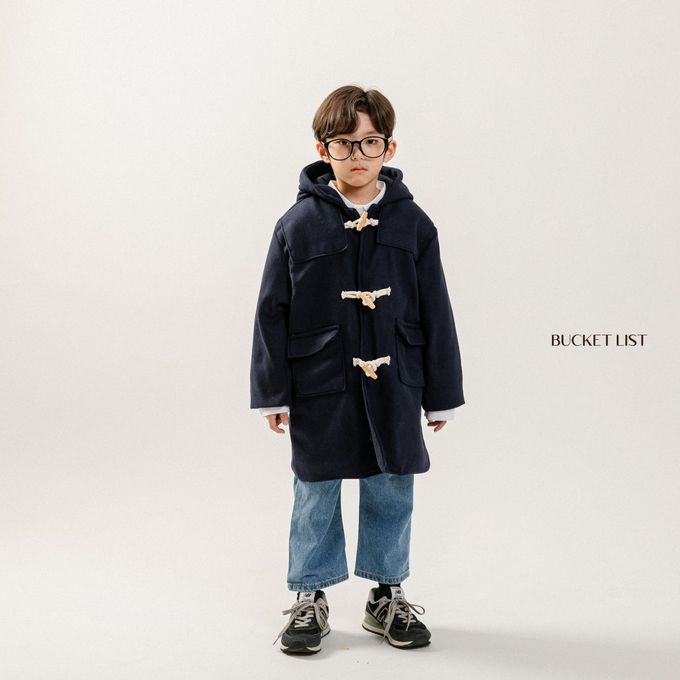 韓國 BUCKET LIST - 經典牛角釦鋪棉連帽大衣-黑藍