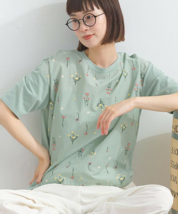 日本 Lupilien - 唯美刺繡舒適棉短袖上衣-花卉-米白