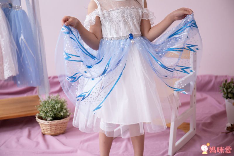 韓國 mari an u - (剩9號)冰雪奇緣2同款-艾莎洋裝(披風可拆,露肩款)-雪花白X藍