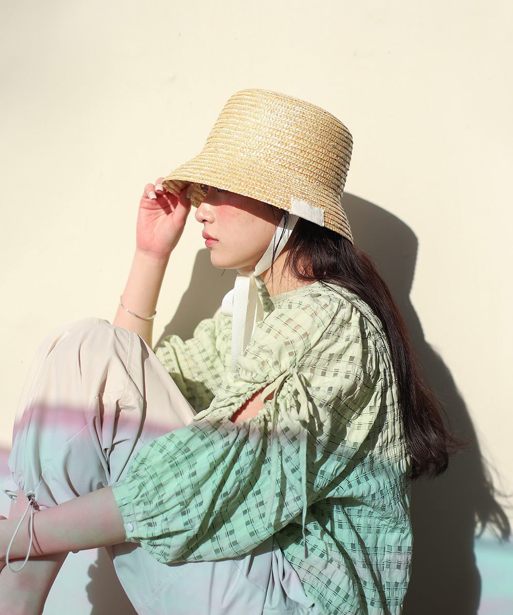 日本 Bab - 甜美格紋抽繩澎澎袖上衣-米杏