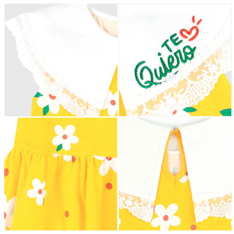 韓國 HEJMINI - 拼接蕾絲白花翻領背心洋裝-黃