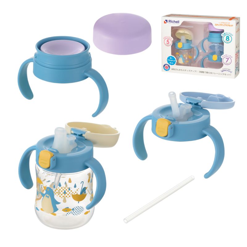 日本 Richell 利其爾 - 萌答答三階段水杯禮盒組-鴨嘴水杯、360度直飲上蓋(含墊圈)、吸管上蓋(含墊圈、吸管組/1組)-藍/黃