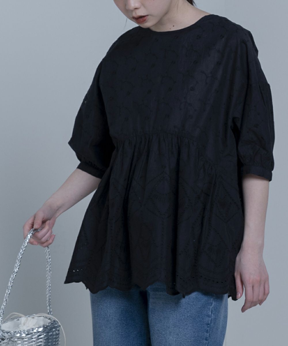 日本 Bou Jeloud - 印度棉前後兩穿刺繡雕花五分袖澎澎上衣-橘