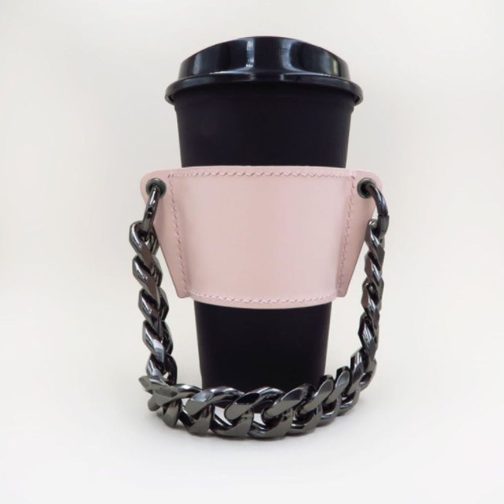 時尚手鏈咖啡皮質杯套-金屬鏈+粉色杯套